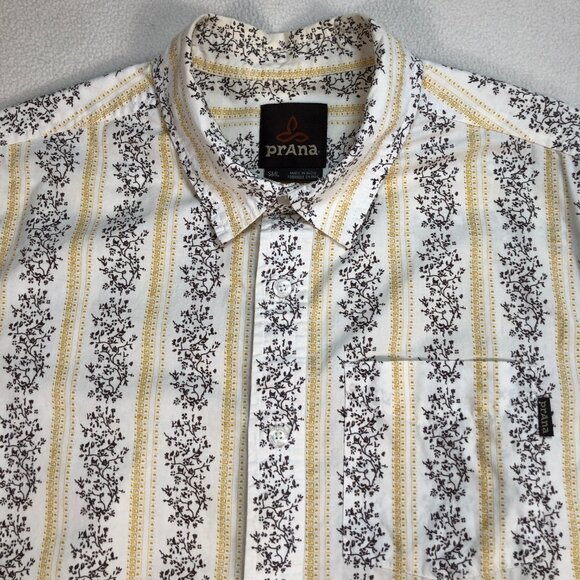 Prana Shirt Mens S White Yellow Floral Stripes Pocket 100% Cotton Button Up Logo - Picture 5 of 14